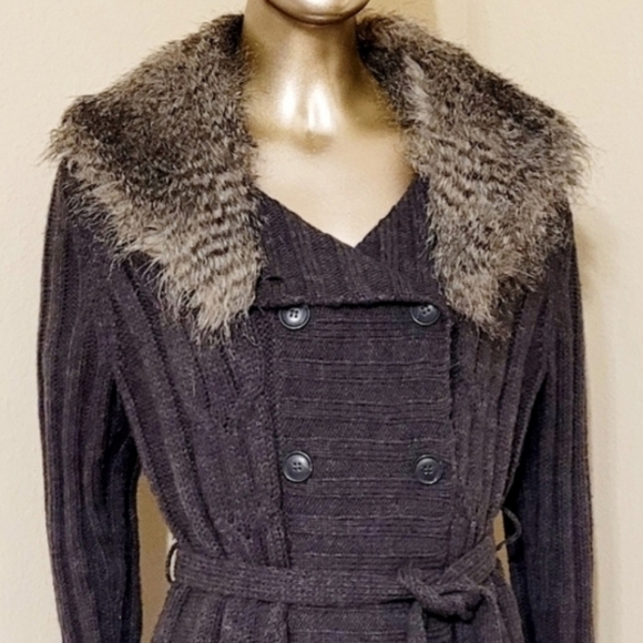 NWOT Double Breasted Tie Front Faux Chinchilla Fur Sweater Coat - Picture 1 of 16